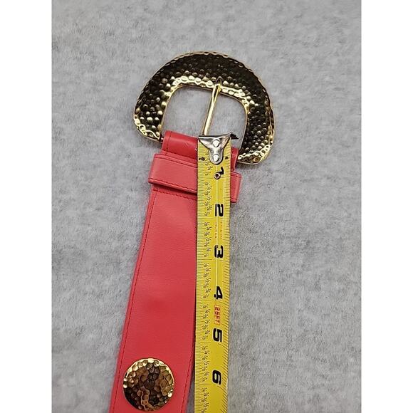CARLISLE Vintage Leather XL Red Belt W/Hammered Gold Tone Disks Statement Buckle